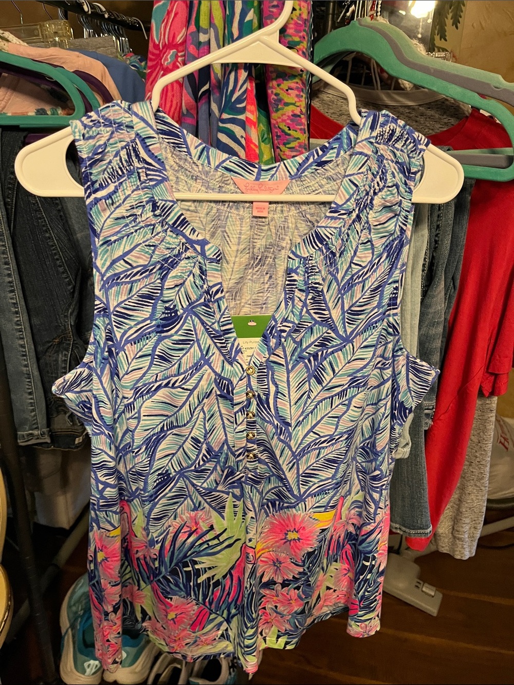 Sleeveless Tropical Leaf Print Tank Top - Blue/Pink